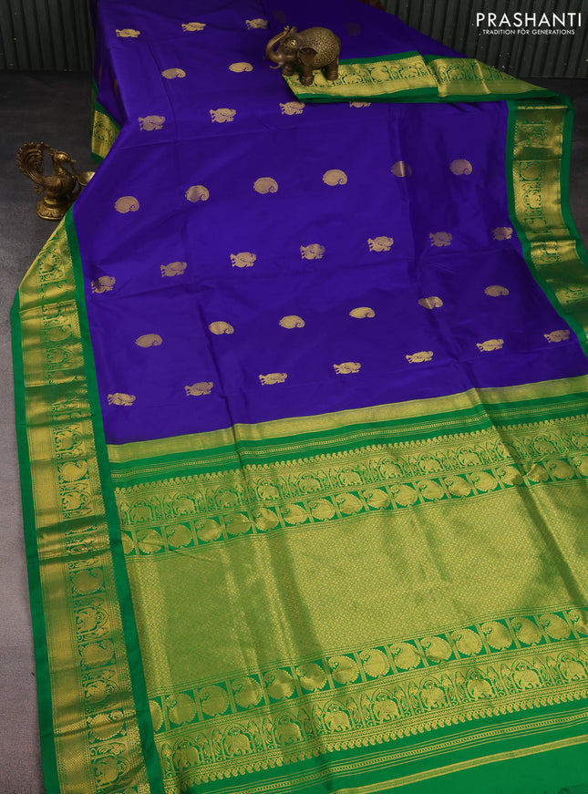 10 Yards silk saree blue and green with annam & paisley zari woven buttas and zari woven border