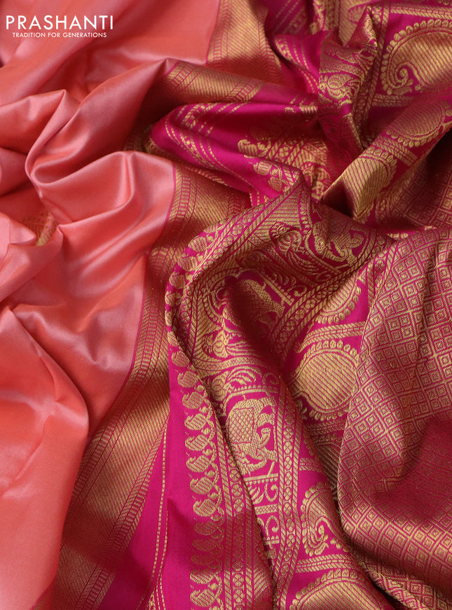 10 Yards silk saree peach orange and pink with annam & paisley zari woven buttas and zari woven border