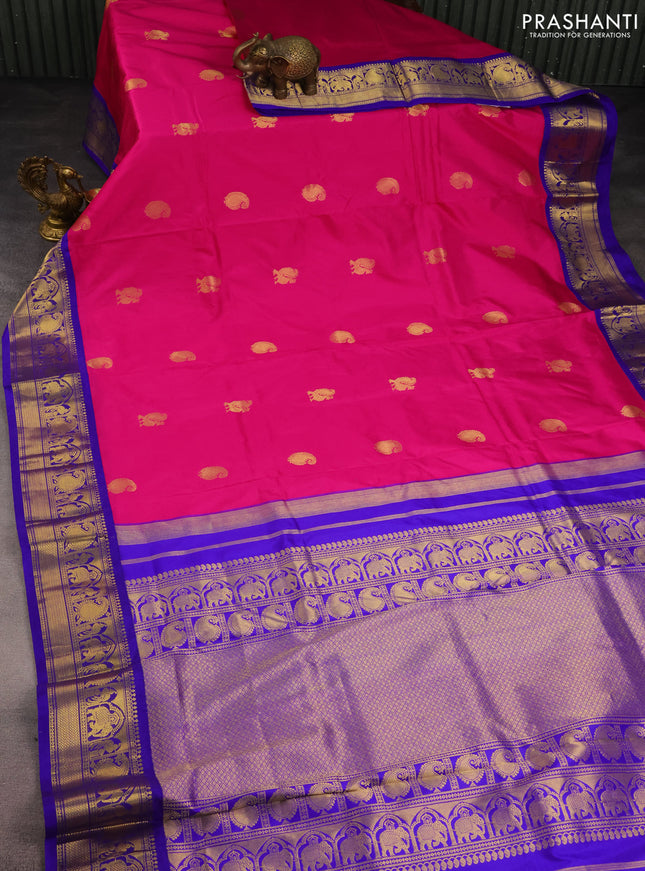 10 Yards silk saree pink and blue with annam & paisley zari woven buttas and zari woven border