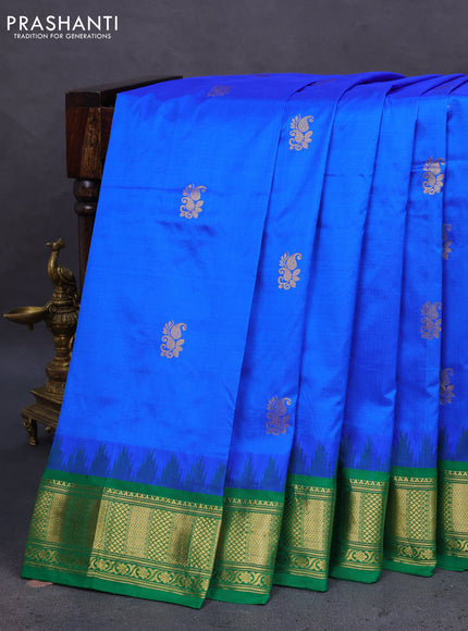 10 Yards silk saree blue and green with zari woven buttas and temple design zari woven border