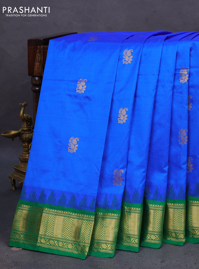 10 Yards silk saree blue and green with zari woven buttas and temple design zari woven border