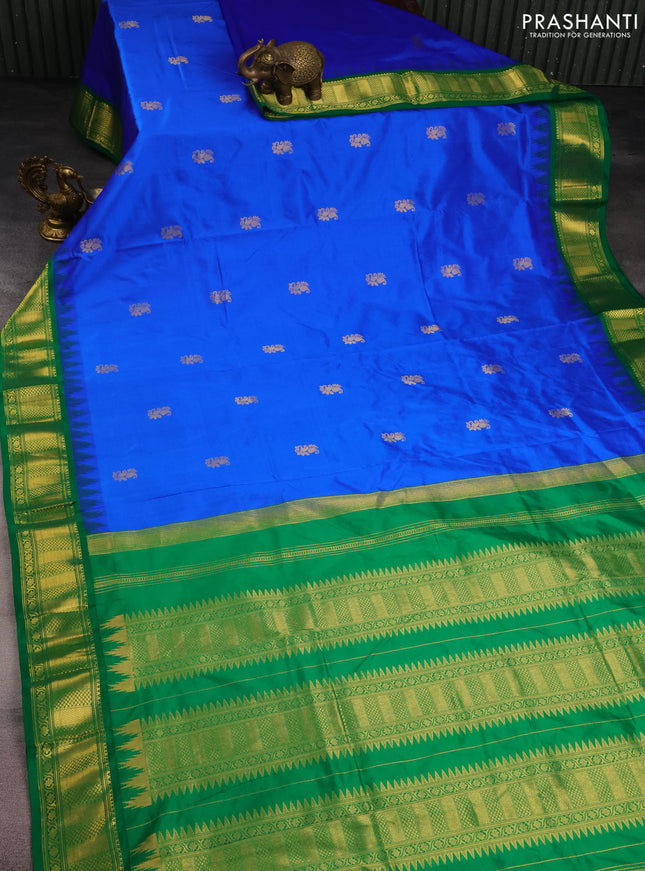 10 Yards silk saree blue and green with zari woven buttas and temple design zari woven border
