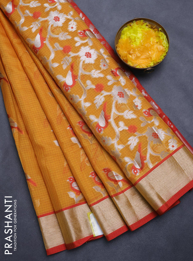 Cotton zari kota saree mustard yellow and red with thread & silver zari woven bird buttas and zari woven border
