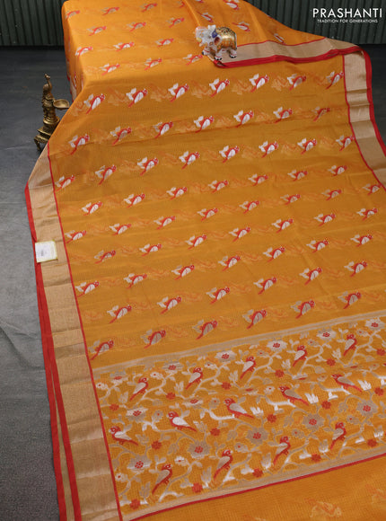 Cotton zari kota saree mustard yellow and red with thread & silver zari woven bird buttas and zari woven border