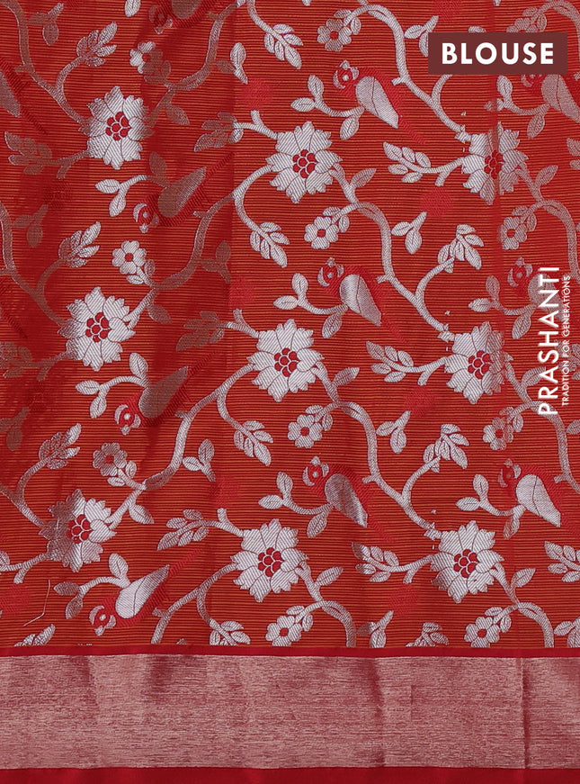 Cotton zari kota saree mustard yellow and red with thread & silver zari woven bird buttas and zari woven border