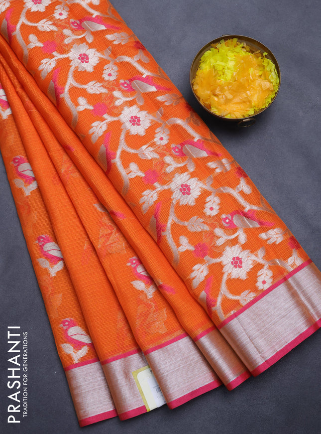 Cotton zari kota saree orange and pink with thread & silver zari woven bird buttas and zari woven border