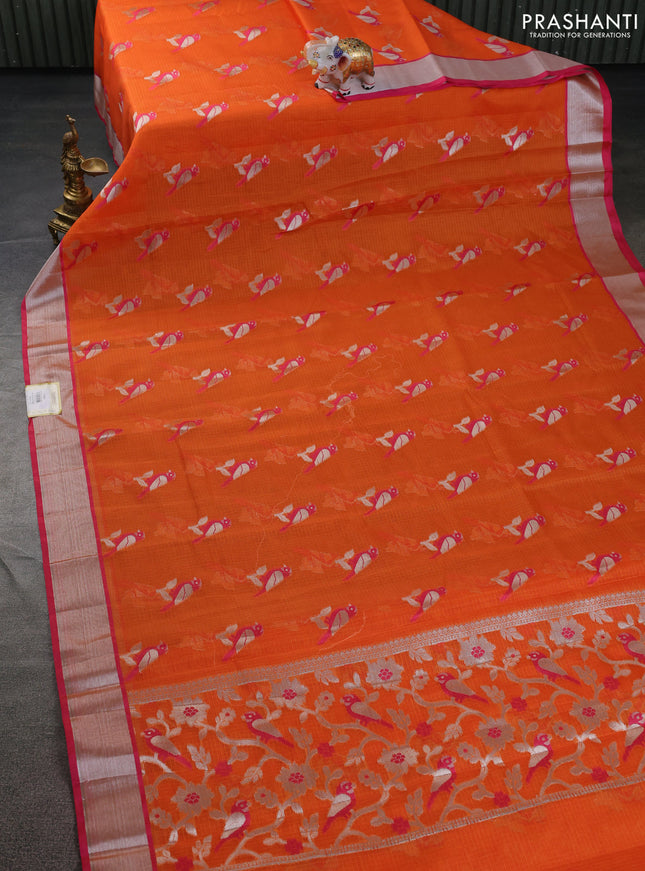Cotton zari kota saree orange and pink with thread & silver zari woven bird buttas and zari woven border