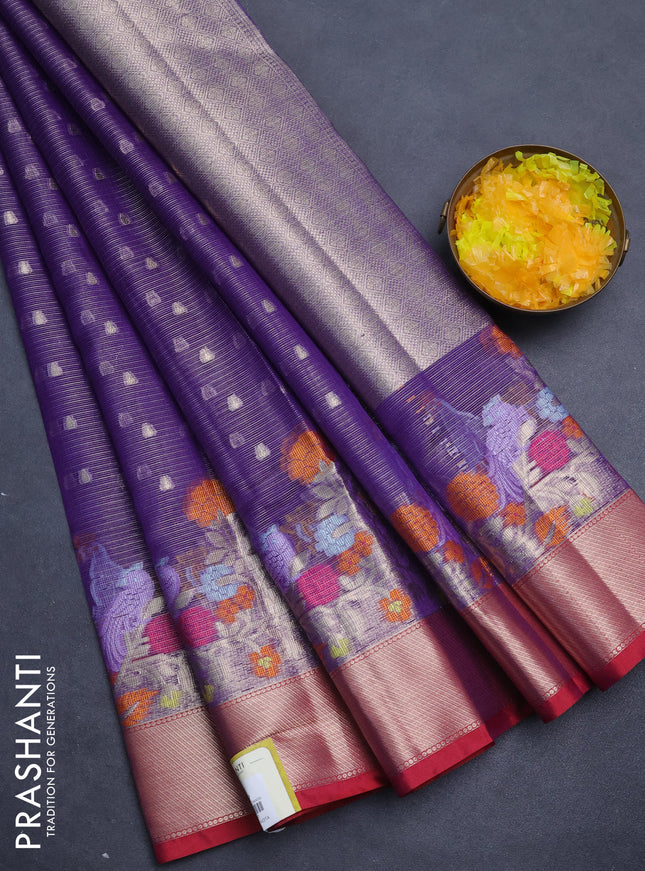 Cotton tissue zari kota saree violet and red with allover zari woven buttas and floral design zari woven border