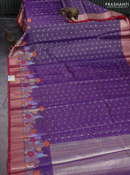Cotton tissue zari kota saree violet and red with allover zari woven buttas and floral design zari woven border