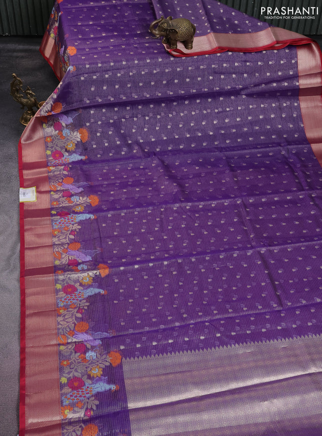 Cotton tissue zari kota saree violet and red with allover zari woven buttas and floral design zari woven border