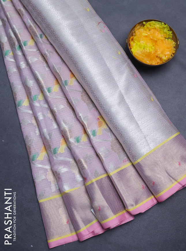Cotton zari kota saree mild lavender and light pink with allover thread & silver zari weaves and zari woven border