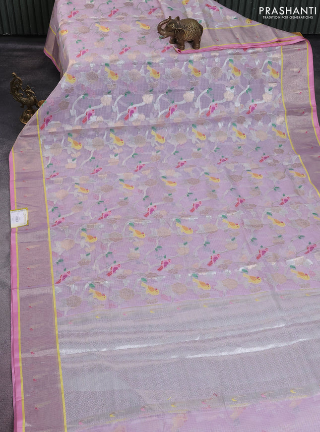 Cotton zari kota saree mild lavender and light pink with allover thread & silver zari weaves and zari woven border