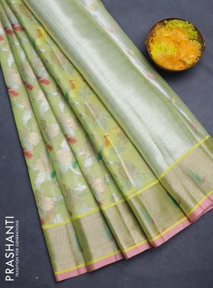 Cotton zari kota saree lime yellow and light pink with allover thread & silver zari weaves and zari woven border