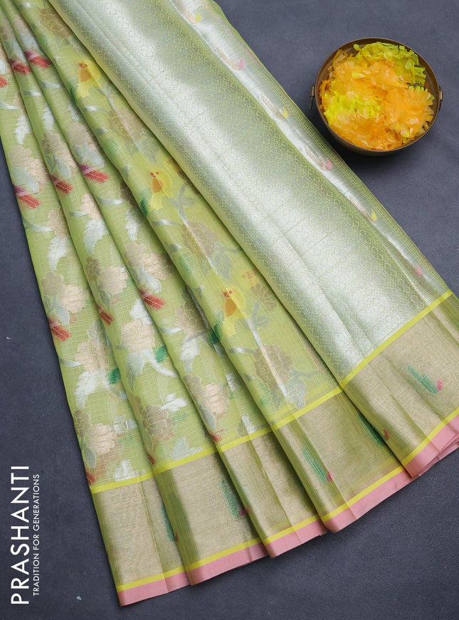 Cotton zari kota saree lime yellow and light pink with allover thread & silver zari weaves and zari woven border