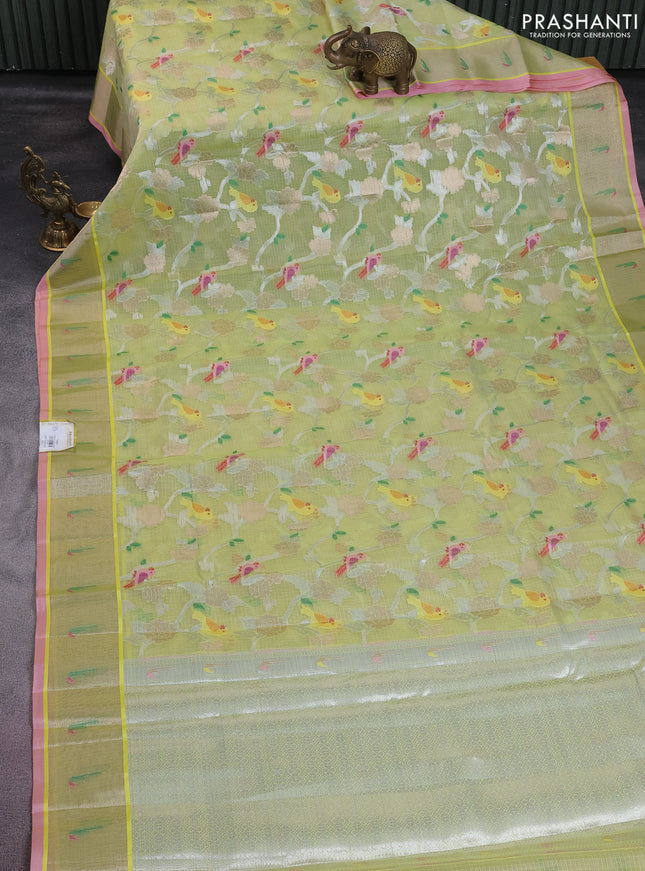 Cotton zari kota saree lime yellow and light pink with allover thread & silver zari weaves and zari woven border
