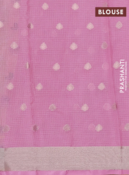 Cotton zari kota saree lime yellow and light pink with allover thread & silver zari weaves and zari woven border