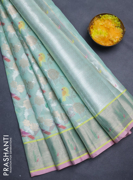 Cotton zari kota saree teal green and light pink with allover thread & silver zari weaves and zari woven border