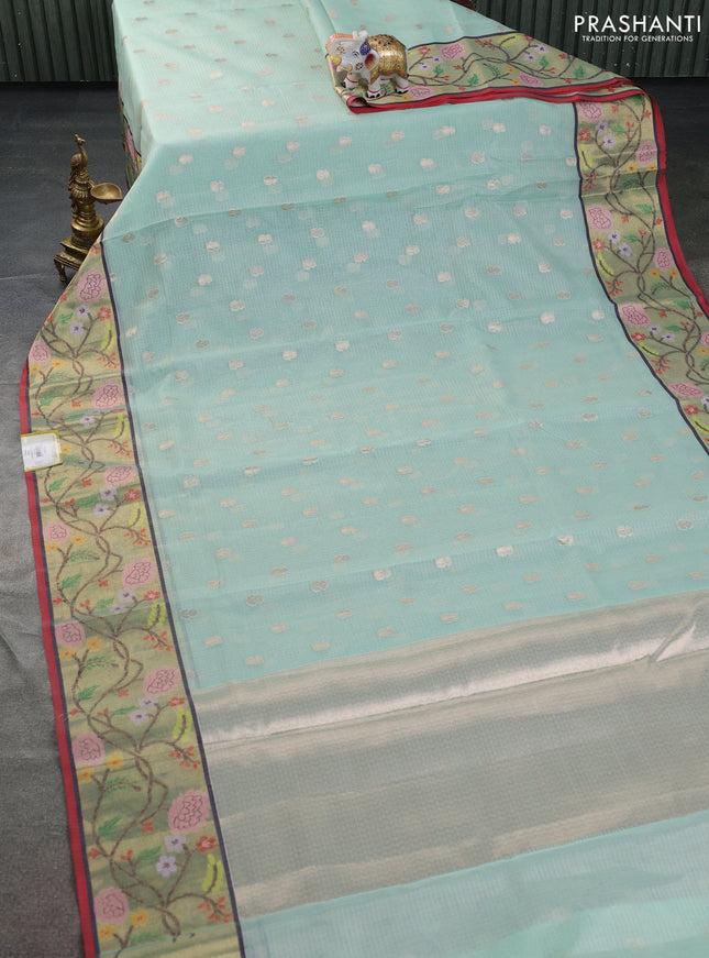 Cotton zari kota saree teal green and light pink with allover thread & silver zari weaves and zari woven border