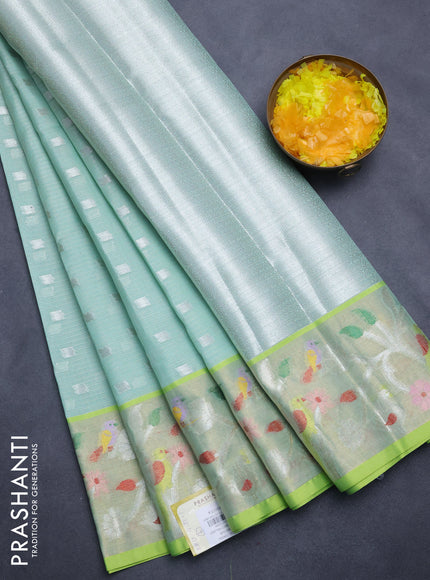 Cotton zari kota saree teal green and lime green with silver zari woven buttas and thread & silver zari woven border