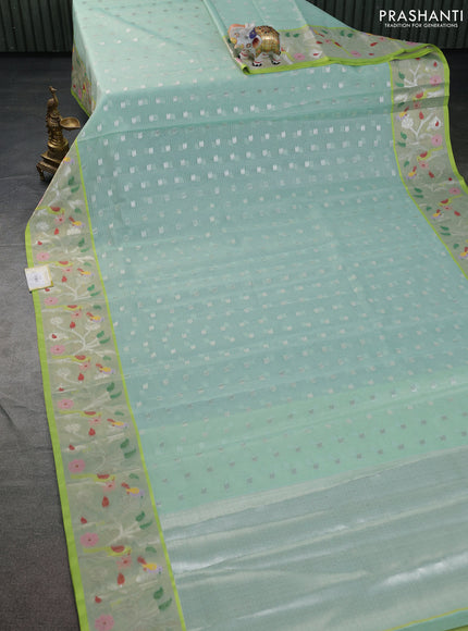 Cotton zari kota saree teal green and lime green with silver zari woven buttas and thread & silver zari woven border