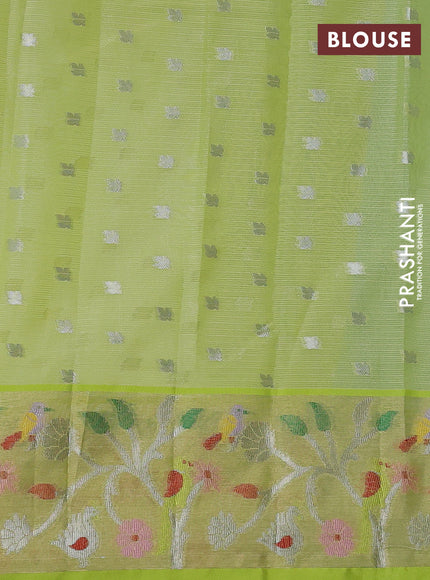 Cotton zari kota saree teal green and lime green with silver zari woven buttas and thread & silver zari woven border