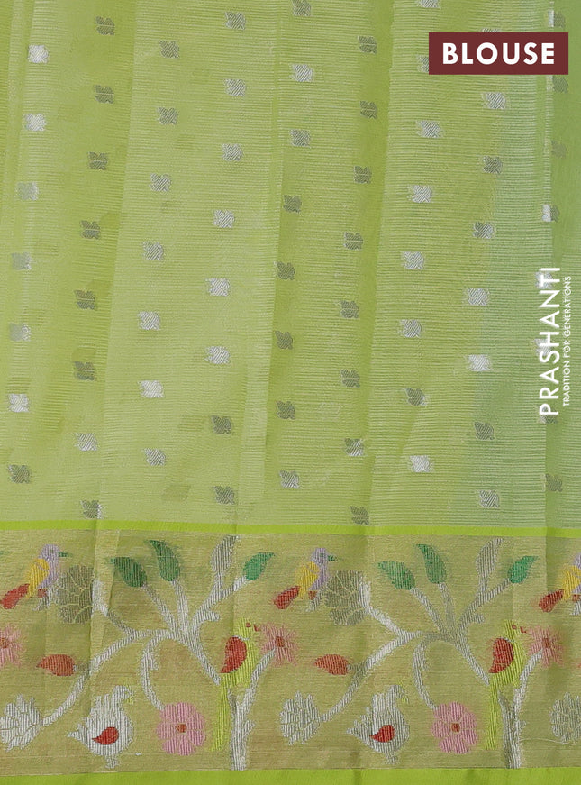 Cotton zari kota saree teal green and lime green with silver zari woven buttas and thread & silver zari woven border