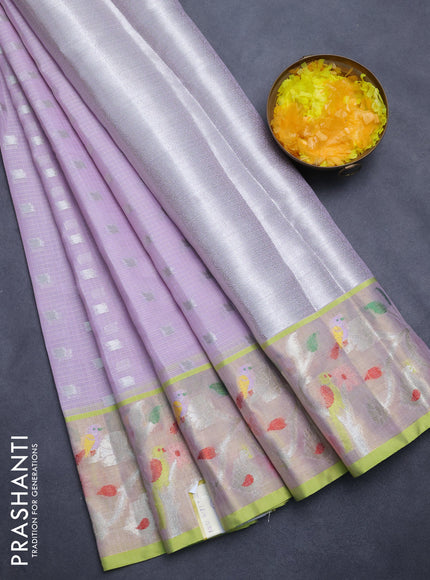 Cotton zari kota saree pastel lavender and lime green with silver zari woven buttas and thread & silver zari woven border