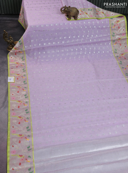 Cotton zari kota saree pastel lavender and lime green with silver zari woven buttas and thread & silver zari woven border