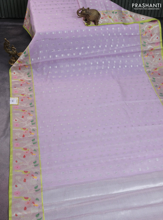 Cotton zari kota saree pastel lavender and lime green with silver zari woven buttas and thread & silver zari woven border