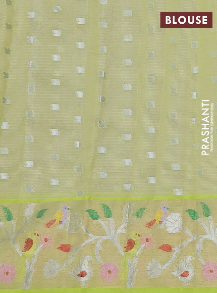 Cotton zari kota saree pastel lavender and lime green with silver zari woven buttas and thread & silver zari woven border