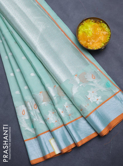 Cotton zari kota saree teal green and orange with silver zari woven buttas and thread & silver zari woven border