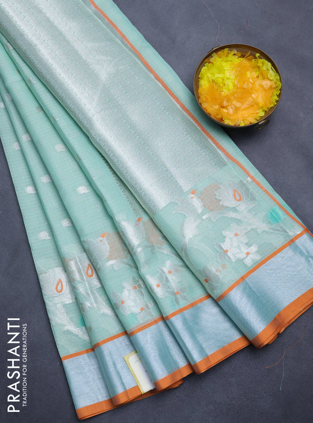 Cotton zari kota saree teal green and orange with silver zari woven buttas and thread & silver zari woven border