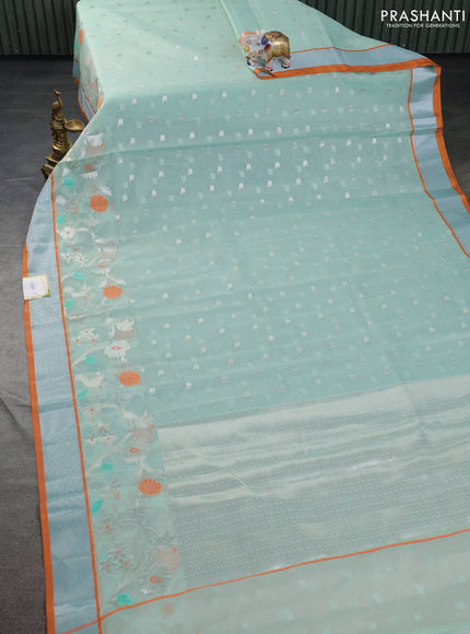 Cotton zari kota saree teal green and orange with silver zari woven buttas and thread & silver zari woven border