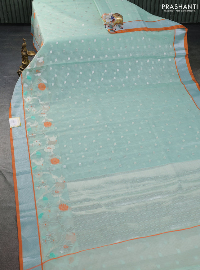 Cotton zari kota saree teal green and orange with silver zari woven buttas and thread & silver zari woven border