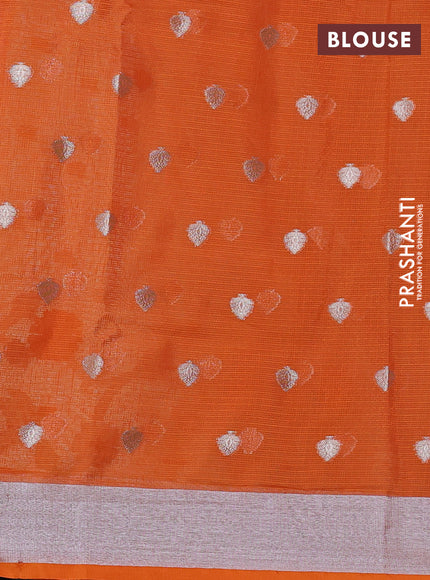 Cotton zari kota saree teal green and orange with silver zari woven buttas and thread & silver zari woven border