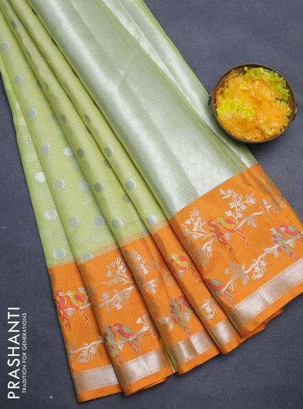 Cotton zari kota saree lime green and orange with silver zari woven buttas and thread & silver zari woven border