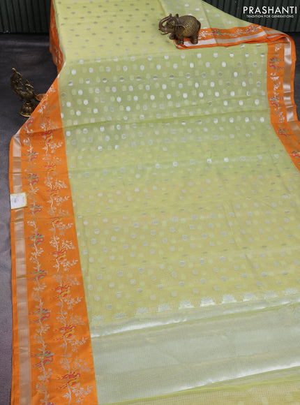 Cotton zari kota saree lime green and orange with silver zari woven buttas and thread & silver zari woven border