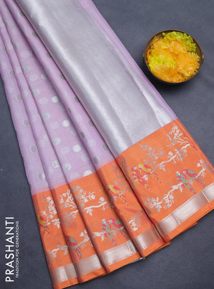 Cotton zari kota saree lavender and orange with silver zari woven buttas and thread & silver zari woven border