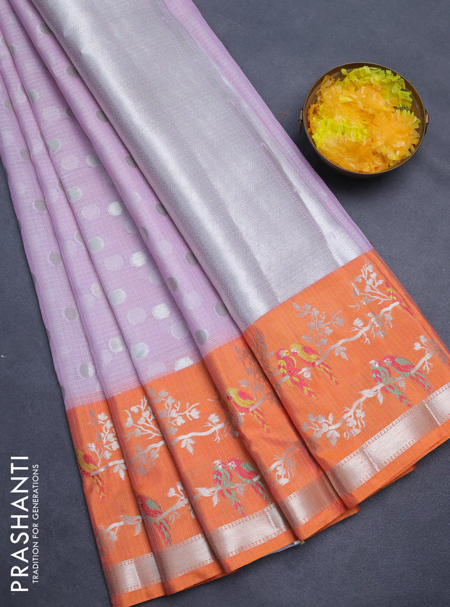Cotton zari kota saree lavender and orange with silver zari woven buttas and thread & silver zari woven border