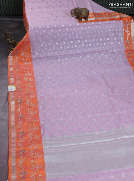 Cotton zari kota saree lavender and orange with silver zari woven buttas and thread & silver zari woven border