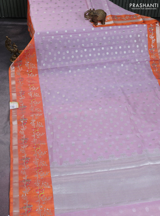 Cotton zari kota saree lavender and orange with silver zari woven buttas and thread & silver zari woven border