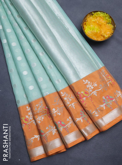 Cotton zari kota saree teal green and orange with silver zari woven buttas and thread & silver zari woven border