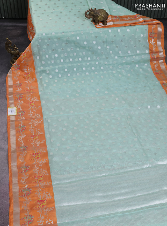 Cotton zari kota saree teal green and orange with silver zari woven buttas and thread & silver zari woven border
