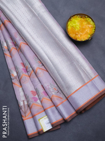 Cotton zari kota tissue saree mild lavender with allover thread & silver zari weaves and silver zari woven border