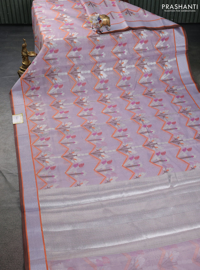 Cotton zari kota tissue saree mild lavender with allover thread & silver zari weaves and silver zari woven border