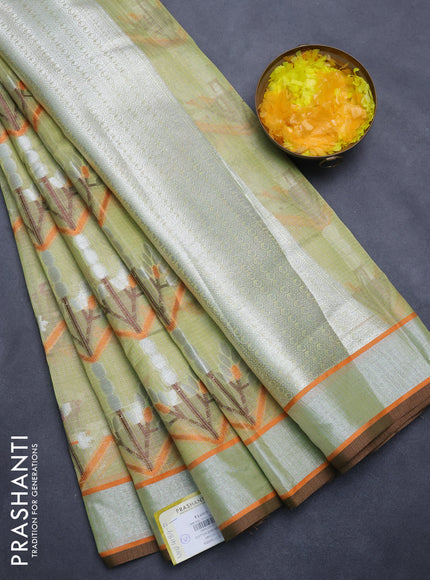 Cotton zari kota tissue saree mild pista green and brown with allover thread & silver zari weaves and silver zari woven border