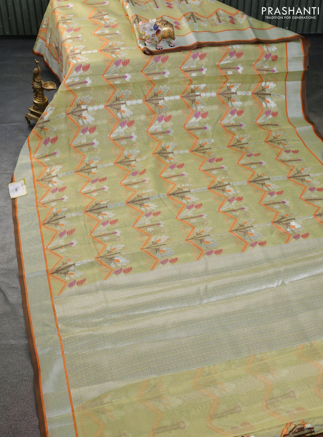 Cotton zari kota tissue saree mild pista green and brown with allover thread & silver zari weaves and silver zari woven border