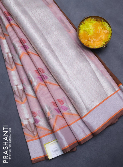 Cotton zari kota tissue saree pastel pink with allover thread & silver zari weaves and silver zari woven border