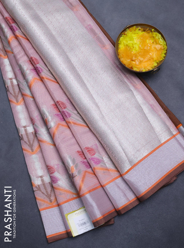 Cotton zari kota tissue saree pastel pink with allover thread & silver zari weaves and silver zari woven border