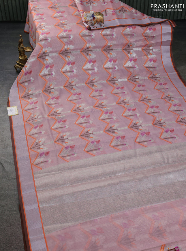 Cotton zari kota tissue saree pastel pink with allover thread & silver zari weaves and silver zari woven border